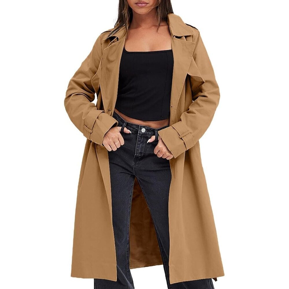 🆕Womens Brown Double Breasted Causal Windproof Long Lapel Pocketed Trench Coats